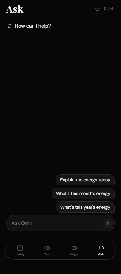 Ask in Orrix, with prompts for today's energy, this month, and this year.